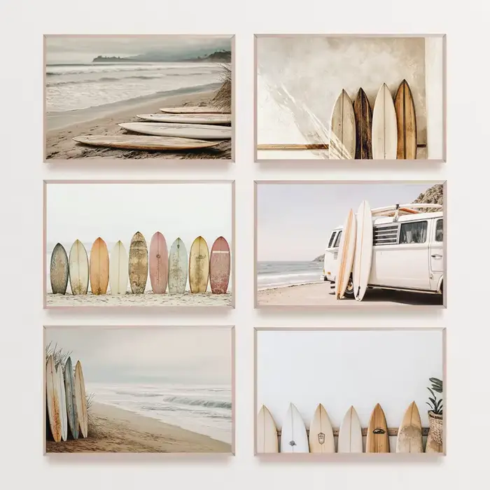 Affiche Murale Rétro Nostalgique Plage Planche de Surf Côte Océan Minimaliste