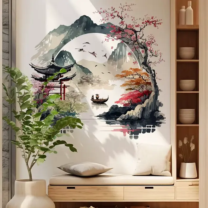 🎊   Autocollant mural Paysage Oiseaux Montagne Rivière pour Fond de Mur, Chambre, Cuisine, Réfrigéra