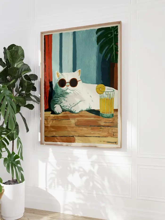 Affiche Cool Cat Lemonade | Illustration d'un chat blanc avec des lunettes de soleil | Impression artistique Summer Cat