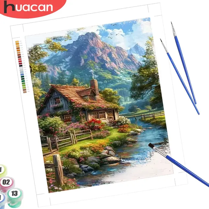 Peinture à l'huile sur toile HUACAN, paysage de montagne, maison, peinture par numéros, artisanat fait main, décoration murale 5D DIY, peinture à la main.