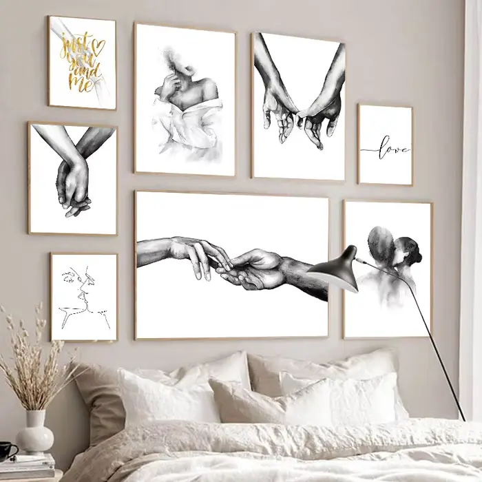 Peinture sur toile nordique minimaliste noir blanc femme Sexy épaule romantique baiser citations amoureux affiches à main et imprimés décor de chambre