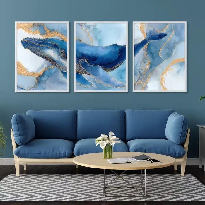 Triptyque mural Baleine Homard Méduse – Impressions aquarelle – Décoration abstraite vie marine océanique, nautique, méditerranéenne pour chambre d'enfant