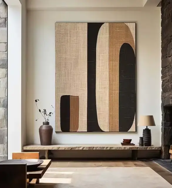 Art mural abstrait minimaliste WabiSabi, peinture sur toile texturée riche en tons brun et noir pour