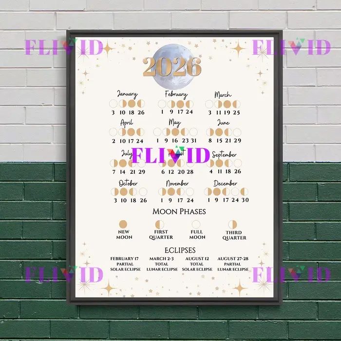 Calendrier de Phase de lune 2026 Art mural, tableau du Cycle de la lune céleste, peinture sur toile,