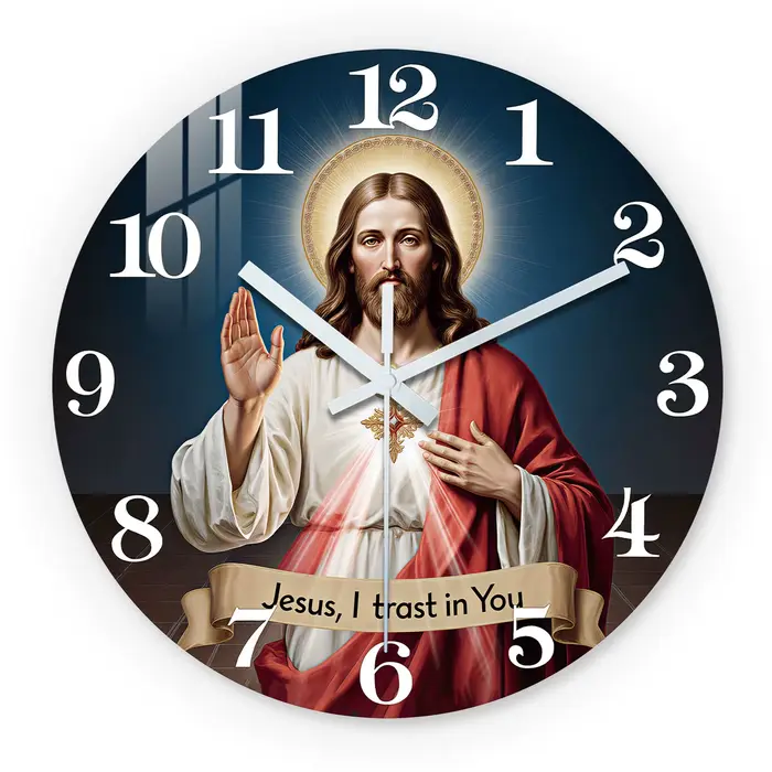 Horloge murale en bois bleu profond avec motif du Sacré-Cœur de Jésus, horloges murales silencieuses