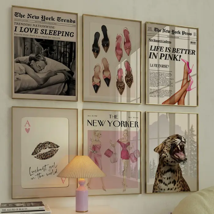Nouveau Style Yorker rose léopard toile impression peinture Vintage rétro Magazine mur Art pour salon chambre bureau décor à la maison