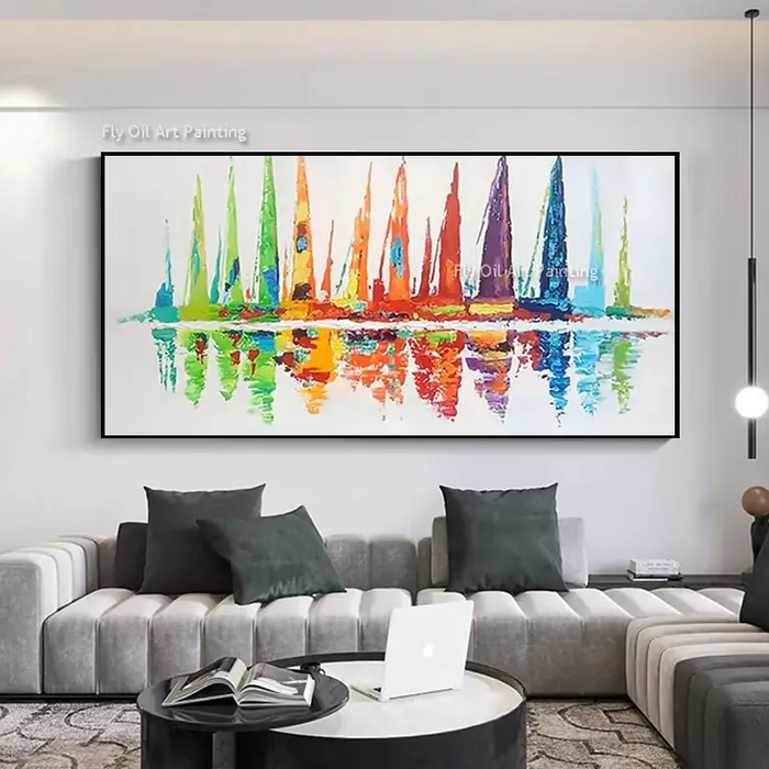 Toile murale épaisse avec voiliers colorés de la mer blanche, nouvelle peinture à l'huile moderne si