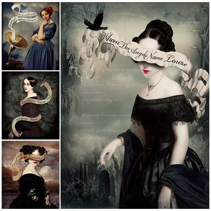 Gramophone et corbeau fille victorienne Vintage mur Art toile peinture citation poésie littérature Goth Art affiche imprimer décor à la maison
