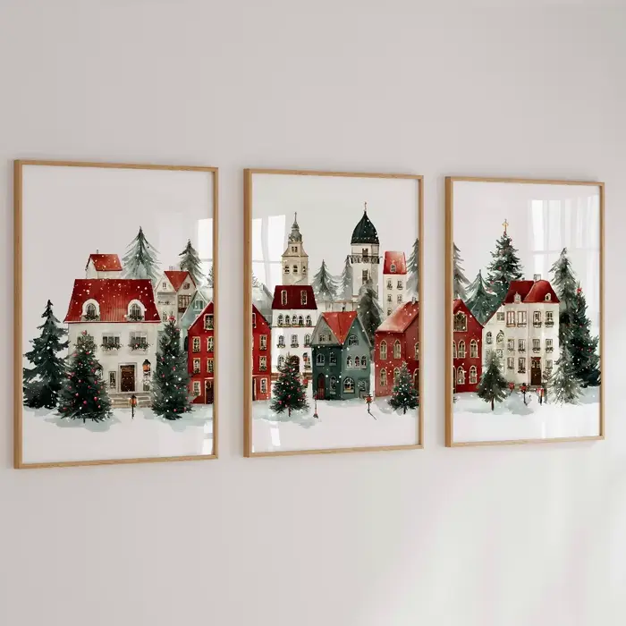 Ensemble d'imprimés de Village de noël, 3 peintures de ville d'hiver enneigées, affiche imprimée pour salon, décoration de père noël