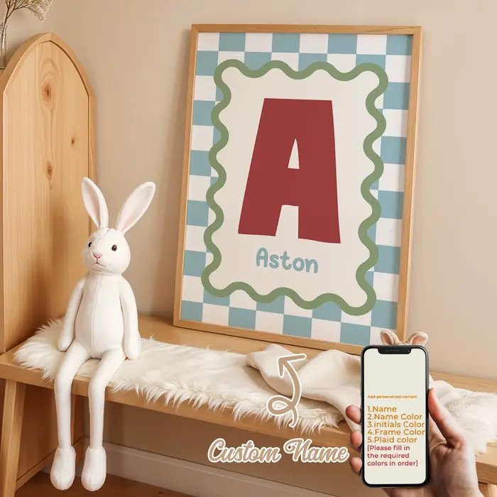 Affiche personnalisée avec nom et dessin animé pour enfant, lettres en grille, impression sur toile,