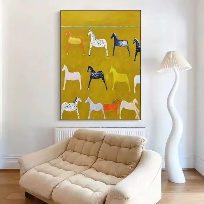 Peinture sur toile sans cadre, cheval jaune, art mural abstrait, peinture minimaliste moderne et colorée pour salon, 1 pièce