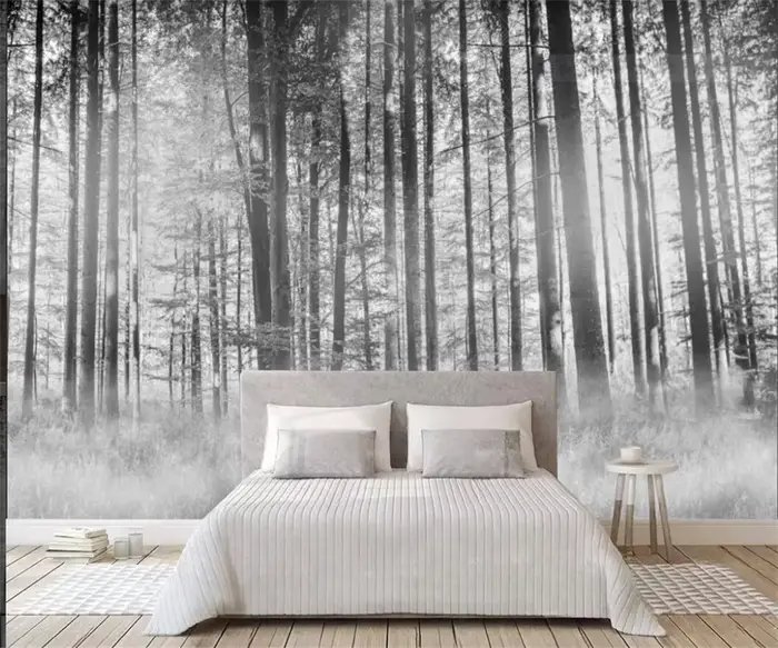 Papier peint personnalisé, peinture à l'huile, art forestier, murale de jungle, décoration intérieure, brouillard forestier, matin de l'aube, décoration murale forestière