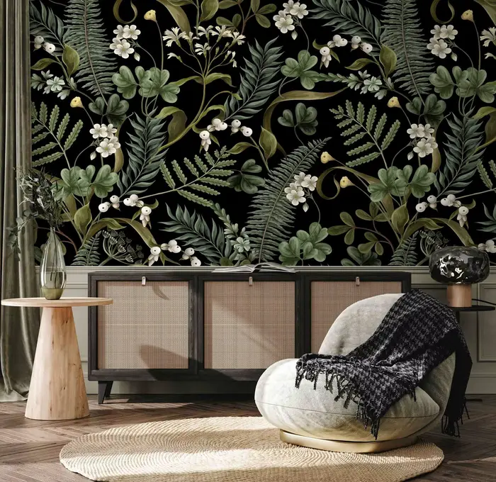 Papier peint botanique de fougère, papier peint botanique foncé pour la décoration intérieure, papier peint vintage à décoller et à coller, auto-adhésif ou traditionnel