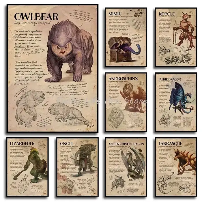 Peinture sur toile 2D, manuel des monstres D&D, affiches et impressions sur toile du jeu de rôle Dungeons & Dragons, image d'art murale pour