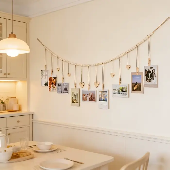 Décoration murale pour photos suspendues - Guirlande rustique bohème en perles de bois avec 9 pinces