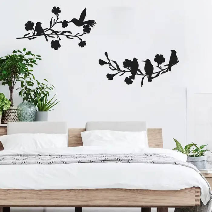Silhouette d'Oiseaux sur Branche en Métal pour Décoration Murale