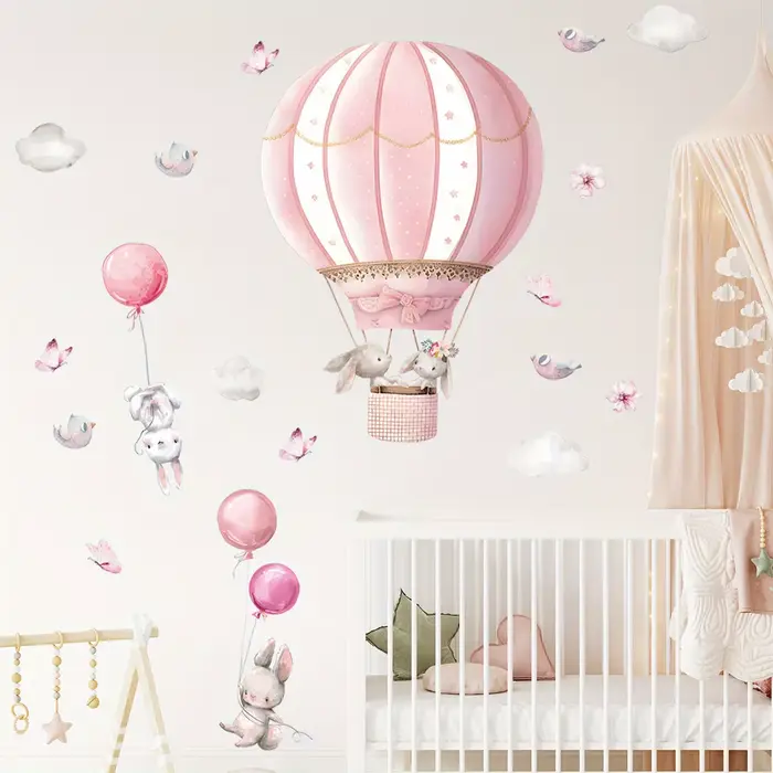 Autocollants muraux de nuages de ballon rose de lapin mignon de dessin animé, 2 pièces, décor de cha