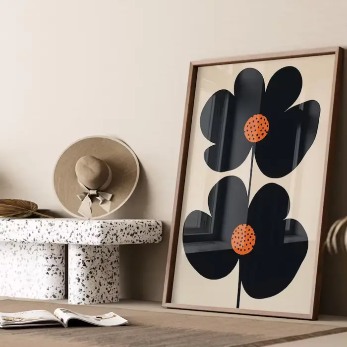 "Imprimé d'art floral minimaliste moderne du milieu du siècle : design double fleur noir audacieux avec des centres de