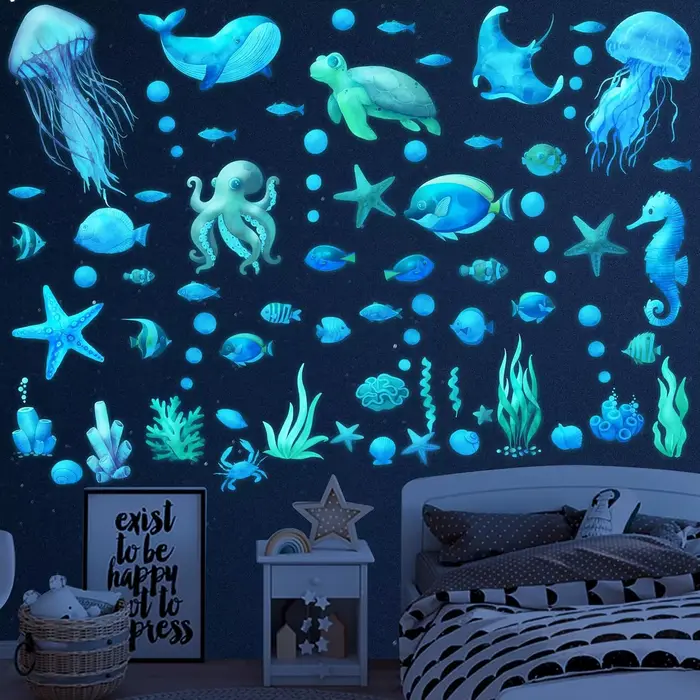Autocollants muraux lumineux sous la mer, animaux marins, autocollants muraux amovibles, imperméable