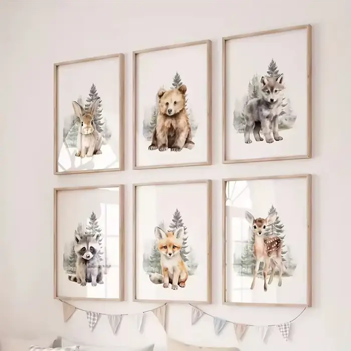 Affiche d'art animalier minimaliste nordique en aquarelle, adorable impression sur toile d'ours, de cerf, de renard, de loup et de lapin, décoration intérieure pour la chambre des enfants