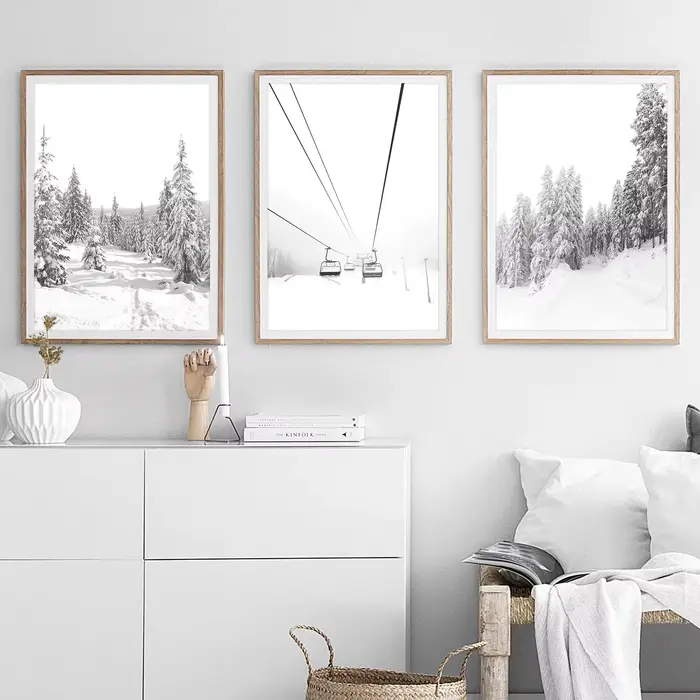 Impressions d'hiver ensemble d'impression noir et blanc de 3 décor d'art mural affiche nordique imprimé forêt de neige