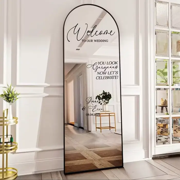 Bienvenue à notre mariage miroir décalcomanie vinyle décalque noms et Dates personnalisés