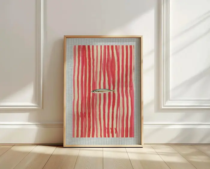 Toile de sardines en conserve rose imprimée, affiche d'art mural esthétique de pêcheur de sardine po