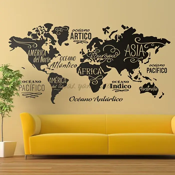 Grande carte du monde autocollant Mural contour carte du monde autocollant maison chambre salon déco