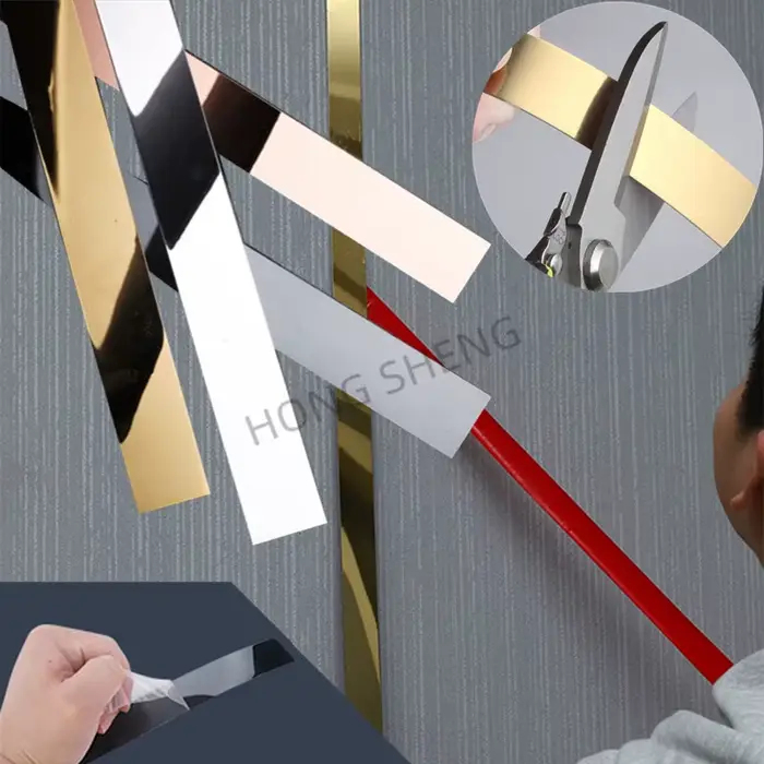 Autocollant mural auto-adhésif pour meubles, ligne décorative plate en acier inoxydable 3M, bande de