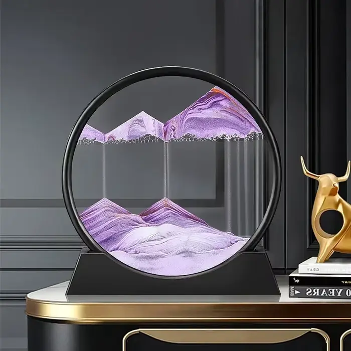 Tableau d'art en sable mouvant 3D rond en verre, Paysage marin profond, Sablier, Artisanat de sable 