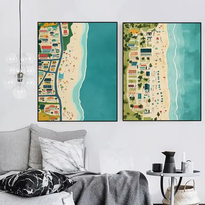 Affiche de paysage de voyage de ville de plages d'été, plage de mer, surf et natation, peinture sur toile, Art mural pour décoration de salon et de maison