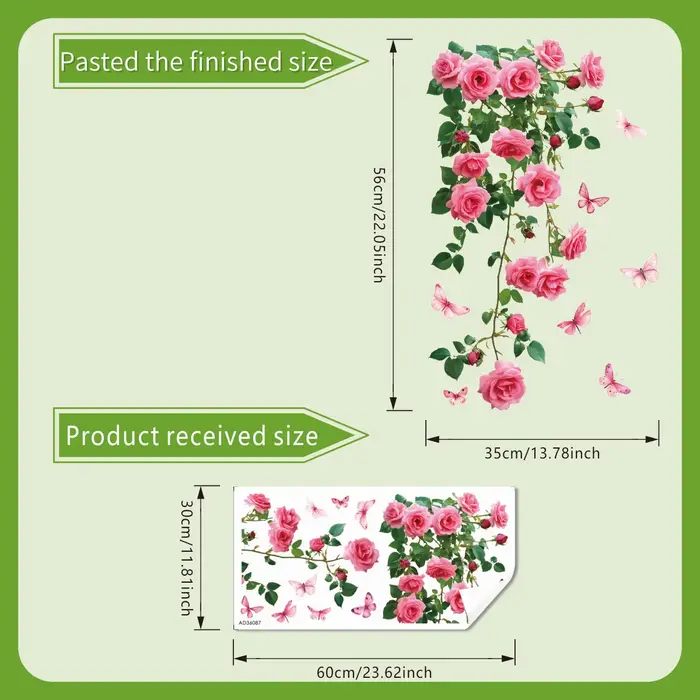 Autocollant de fenêtre de vigne de fleur 1 pièce, design de rose rose et de papillon, autocollant mu