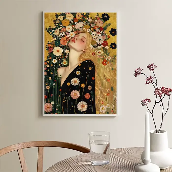 Affiche de femme de beauté avec couronne de pivoine