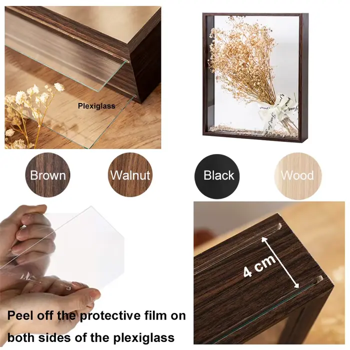 Cadres de boîte à ombre transparents de 4cm de profondeur, présentoir de Bouquet, étui à fleurs prof
