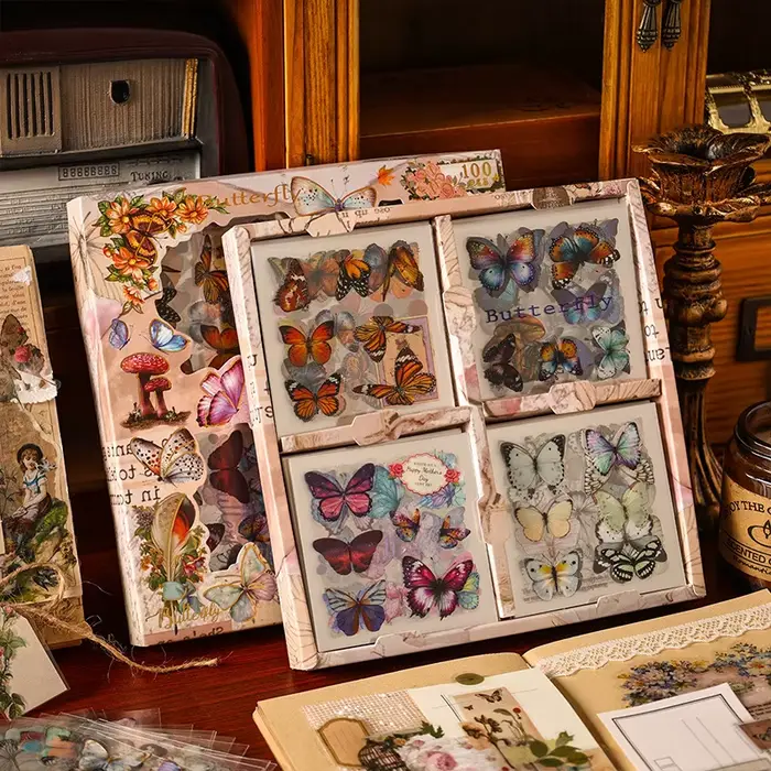 100 autocollants vintage en boîte