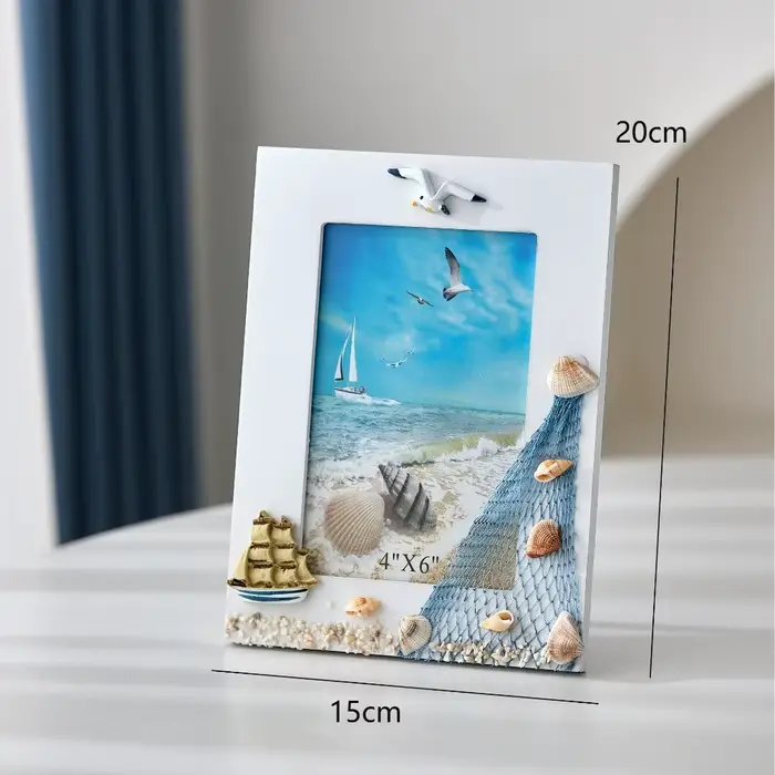 Cadre photo Océan avec coquillages et voilier, cadre photo méditerranéen en bois pour décoration de