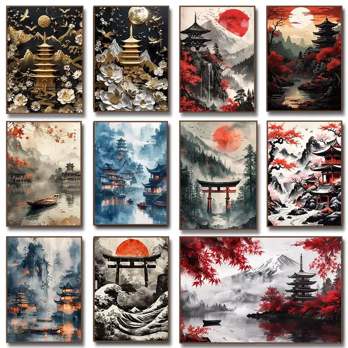 Affiches et impressions sur toile de paysages de portails de temple de cerisiers japonais