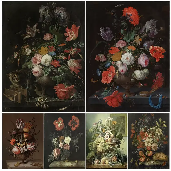 Affiche d'art de bouquet de fruits et de panier de fleurs d'époque victorienne