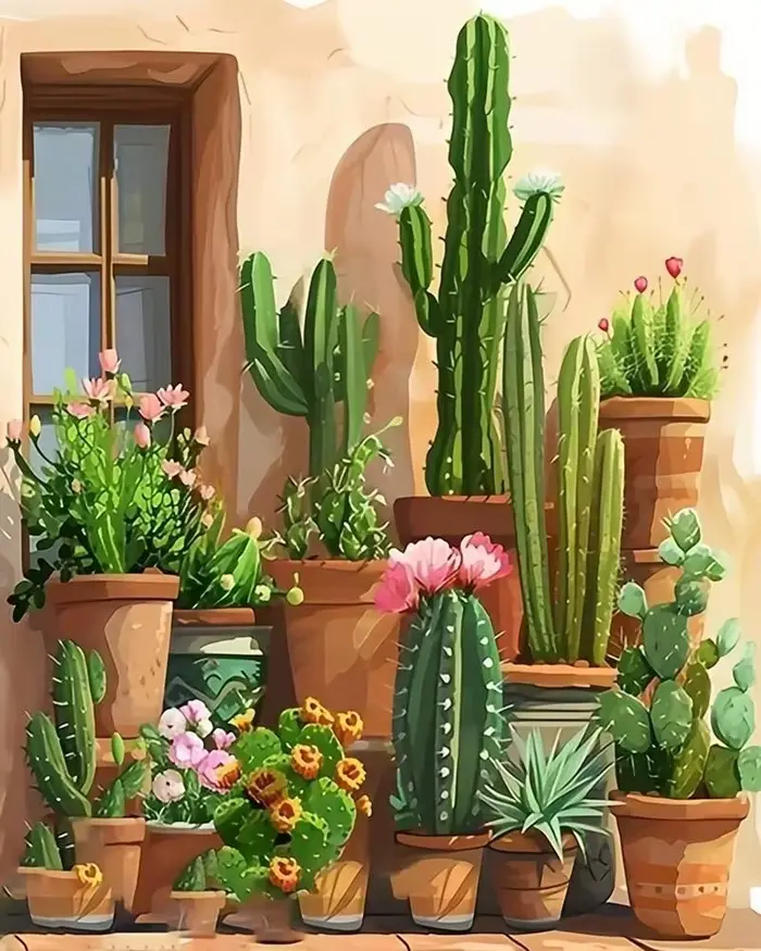 Kit de peinture numérique DIY pour adultes : Cactus, fleurs, à colorier par numéros sur toile, décor