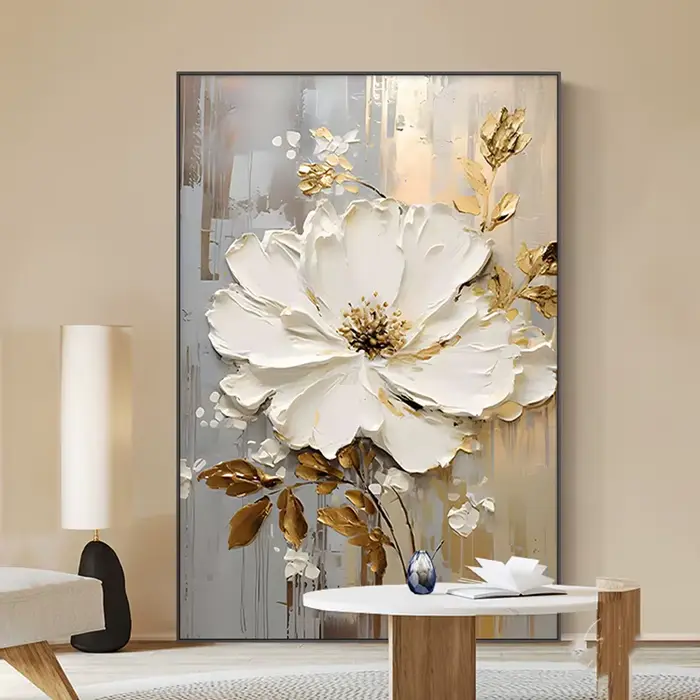 Peinture à l'huile abstraite de fleurs blanches imprimées sur toile