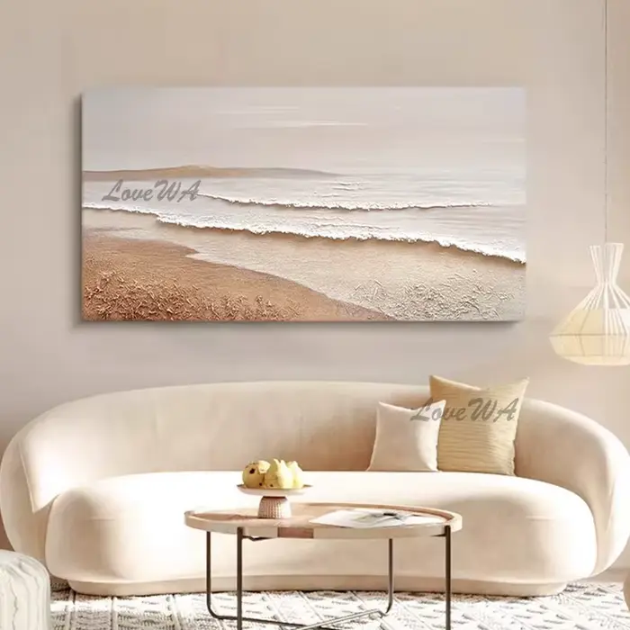 Grande toile d'art, peinture à l'huile de paysage de bord de mer faite à la main
