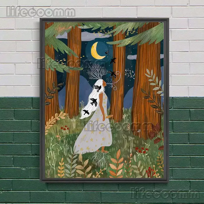 Toile d'art mural abstrait de sorcière dans la forêt, peinture murale, papillon, fée et lune, affich