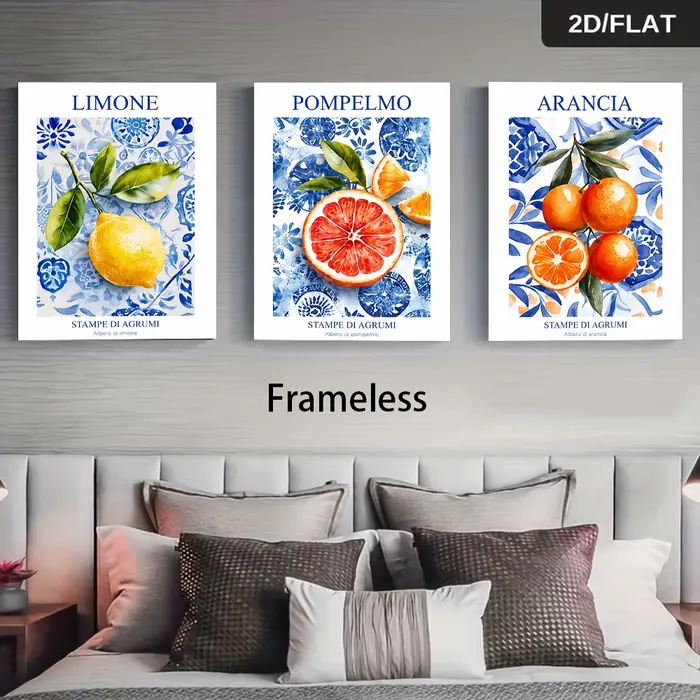 1 ensemble de triptyques décoratifs sans cadre représentant des fruits frais : citron, pamplemousse 