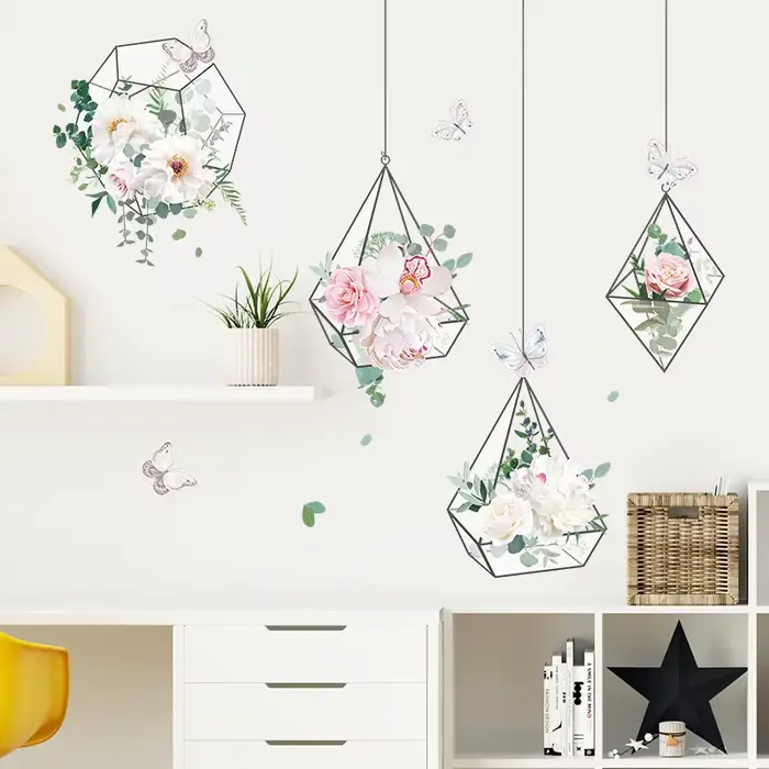 Autocollant Mural panier suspendu fleurs fraîches