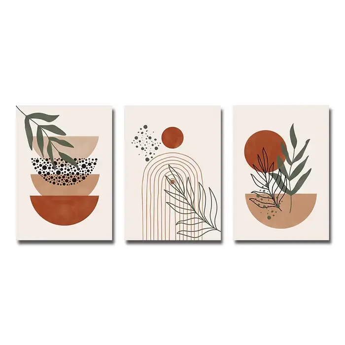 Ensemble de 3 affiches d'art mural Boho en terre cuite, peinture de feuilles botaniques en demi-cerc
