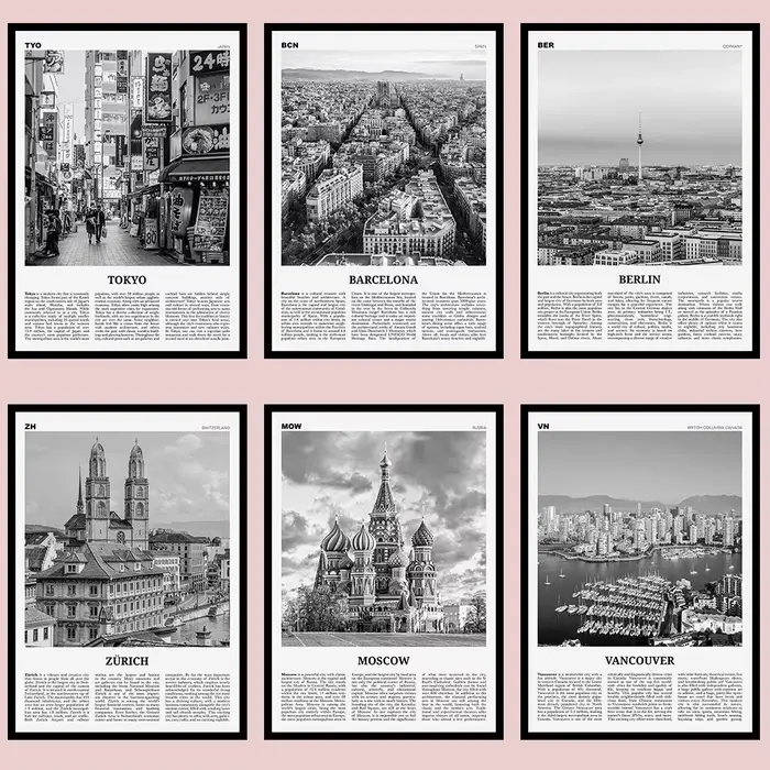 Affiches murales de villes touristiques mondiales célèbres
