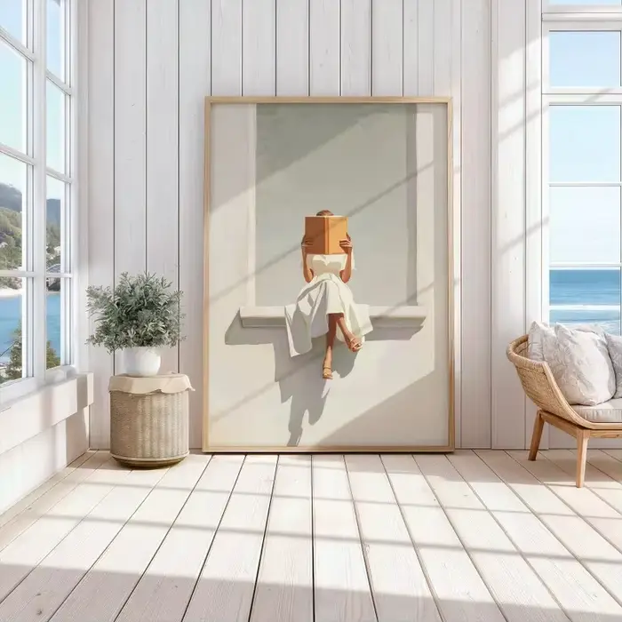 Impression sur toile d'une femme moderne lisant assise sur le mur de la fenêtre