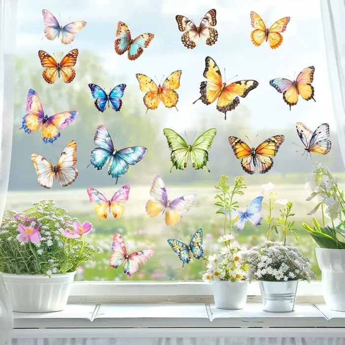 Autocollants de fenêtre Papillon Printanier - Décorations colorées double face amovibles et réutilisables anti-collision pour la maison