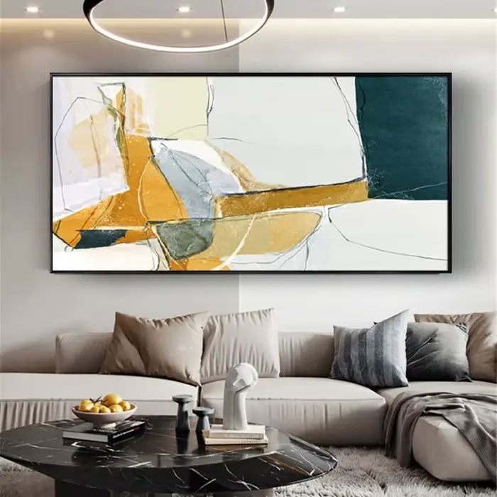 Peinture abstraite dorée et bleue peinte à la main sur toile