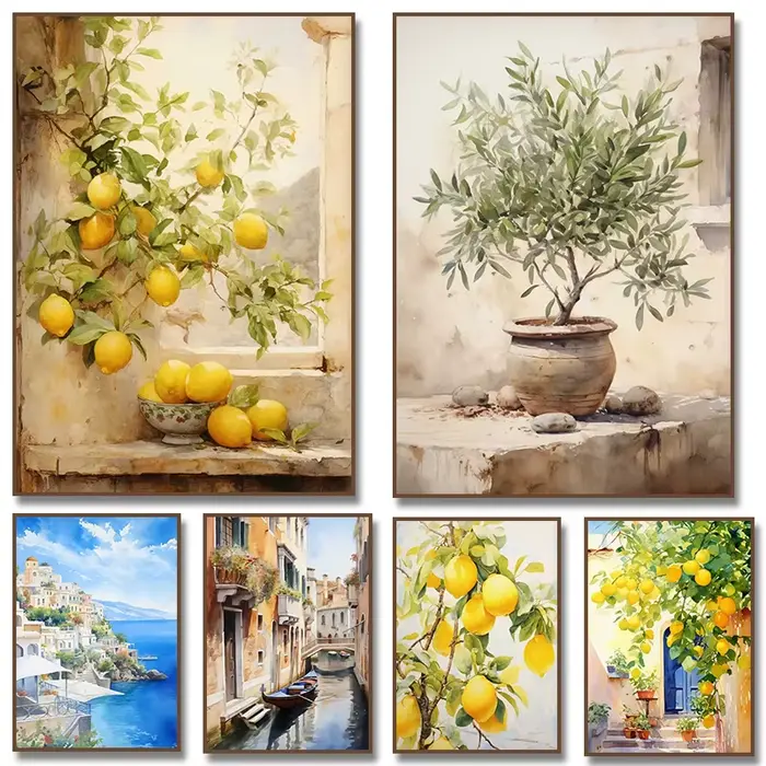 Peinture sur toile 2D, citronnier et olivier italiens